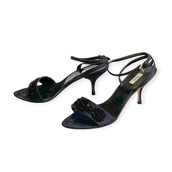 Prada denim ankle strap heeled sandal with black beading, size 38 EU - Picture 1 of 15